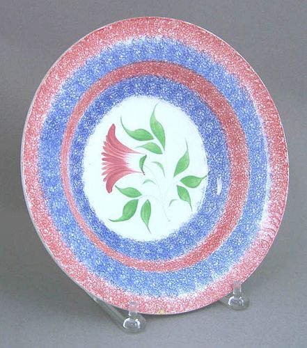 Blue and red rainbow spatter soup bowl with red th