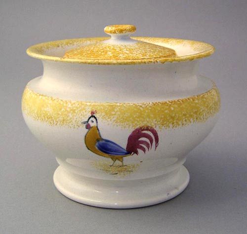 Yellow spatter covered sugar with rooster, 4 1/2".