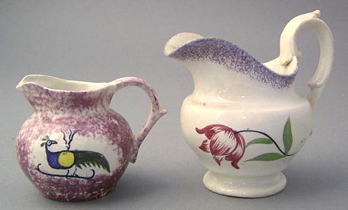 Miniature red sponge spatter creamer with peafowl,