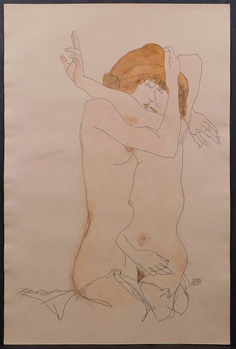 Egon Schiele, Manner of: Two Nude Women Embracing