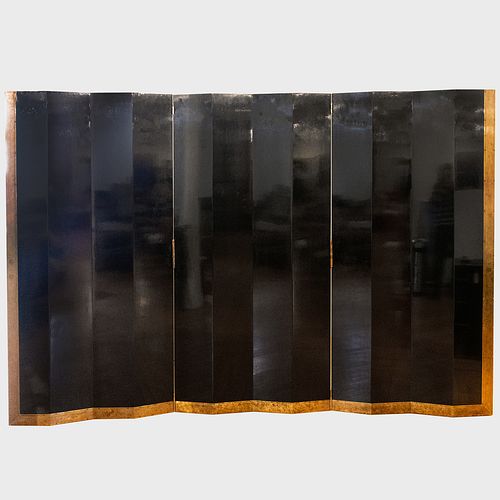 Black Lacquer and Patinated-Metal-Mounted Paneled Three-Part Screen, Attributed to Eugène Printz