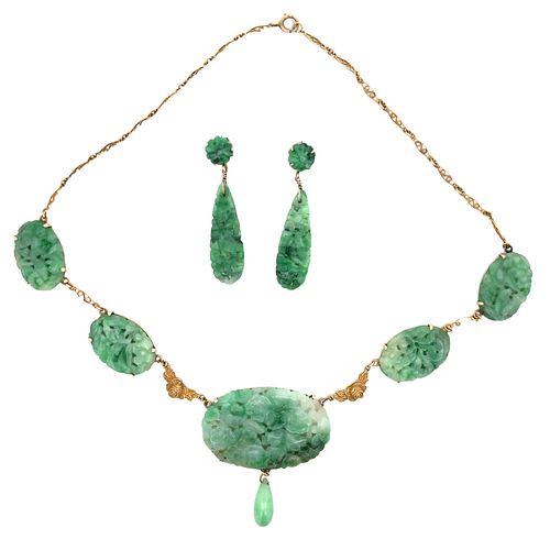 Art Deco 14K gold Jade necklace and earrings.