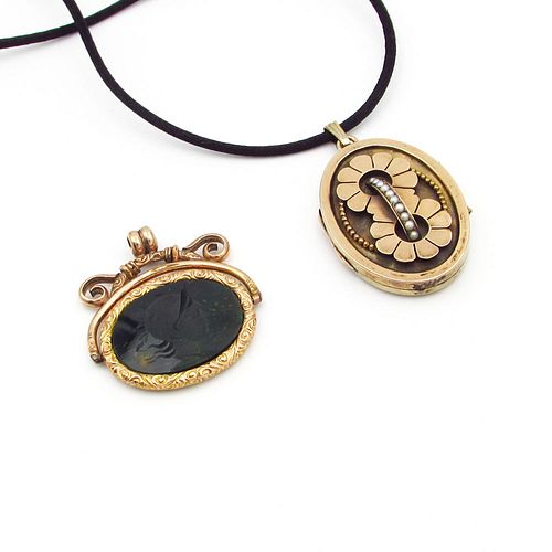 Antique 14K Locket and bloodstone Fob