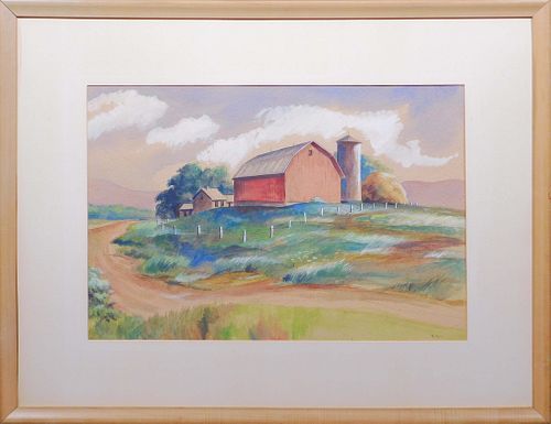 Miller (20th Century): Red Barn Watercolor