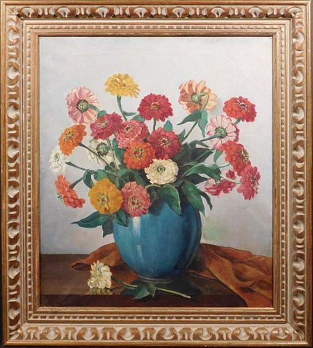 P. Tyssen: Zinnias in a Teal Vase