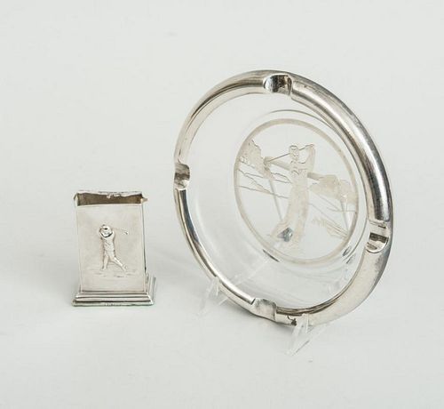ENGLISH SILVER MATCH BOX HOLDER AND A SILVER RESIST GLASS ASHTRAY