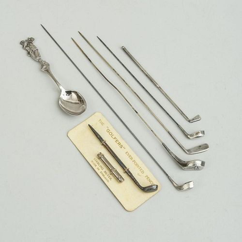 ENGLISH GOLFERS EVER-POINTED PENCIL, THREE STERLING SILVER GOLF-CLUB-FORM LONG PINS, TWO SILVER-PLATED PIN AND A SPOON WITH G