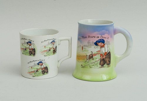 TWO TRANSFER-PRINTED POTTERY MUGS