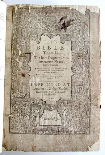 ROBERT BARKER'S 1610 ENGLISH BIBLE, AN ANTIQUE WITH 17TH-CENTURY ILLUSTRATIONS, RARE