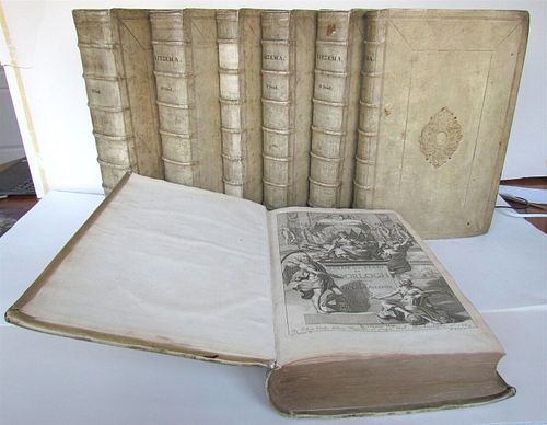 SEVEN VOLUMES OF ILLUSTRATED, ANTIQUE FOLIO VELLUM BOUND DUTCH HISTORY, 1669–1685.