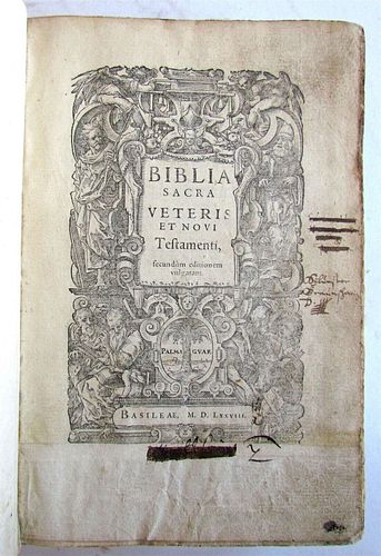 1578 BIBLE DESCRIPTION BY T. ANTIQUE 16TH-CENTURY PIGSKIN STIMMER BOOK COLLECTION AT SACRA