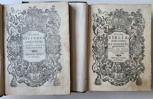 2 VOLUMES OF THE 1588 BIBLE, ILLUSTRATED WITH 245 ENGRAVINGS FROM THE 16TH-CENTURY SACRA BIBLE.
