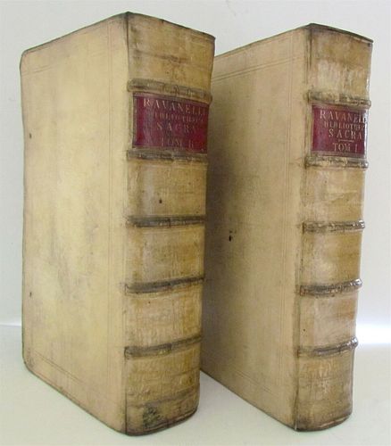 ANTIQUE FOLIO WITH BLINDTOOLED VELLUM, BIBLIOTHECA SACRA BY P. RAVANELLI, 2 VOLUMES, 1660