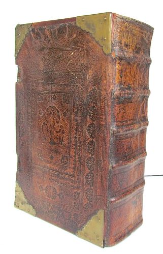 ANTIQUE 1736 GERMAN BIBLE WITH BRASS ORNAMENTS AND LARGE PIGSKIN ILLUSTRATIONS