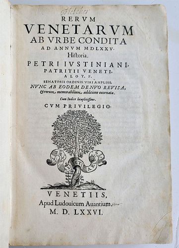 1576 VENICE RERUM VENETARUM HISTORICAL ACCOUNT OF AN OLD VELLUM BOUND 16TH-CENTURY FLORIO