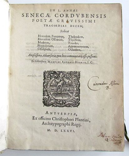 ANTIQUE VELLUM BOUND SENECA TRADEGIES BY PLANTIN, 1576