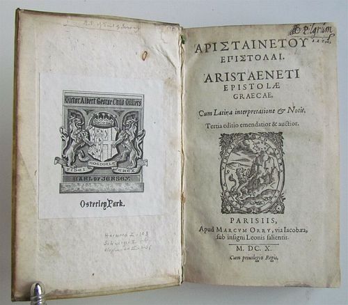 1610 LOVE STORIES BY ARISTAENETUS VINTAGE VELLUM BOUND IN GREEK AND LATIN RARE