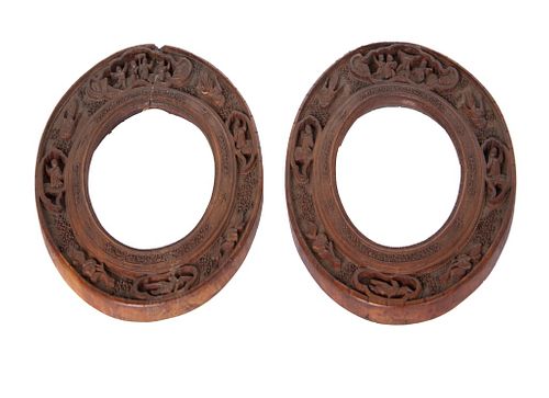 Pair of Canton Export Rosewood Carved Oval Frames