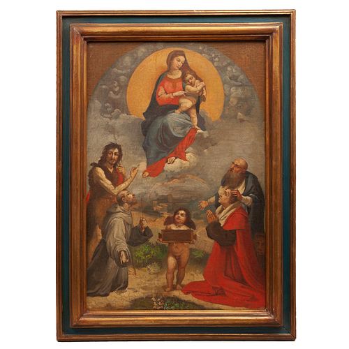 APARICIÓN DE LA VIRGEN MARÍA Y EL NIÑO. SXIX. Óleo sobre tela. Firmado "J. S. Pina Roma". 68 x 46 cm.