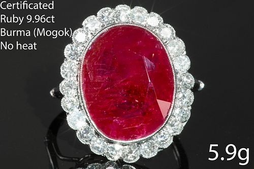 RAVINET D'ENFERT, EXCEPTIONAL ART-DECO CERTIFICATED BURMA 'MOGOK' RUBY AND DIAMOND CLUSTER RING