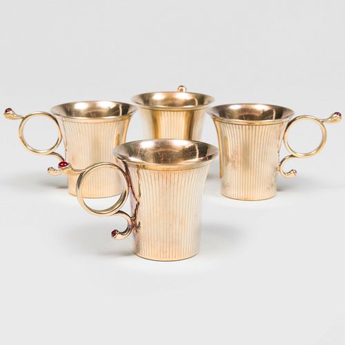 Set of Four Faberge Silver-Gilt Cabochon Mounted Demitasse Cups