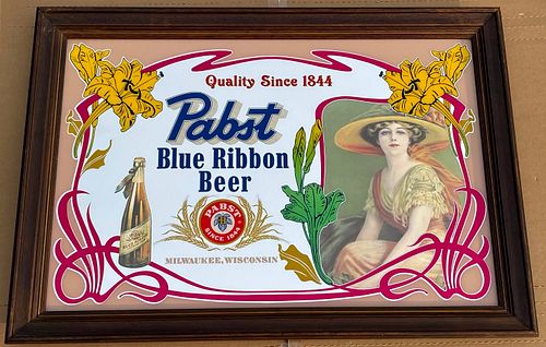 1990 Pabst Blue Ribbon Beer Victorian Woman at Right Bar Mirror Milwaukee Wisconsin