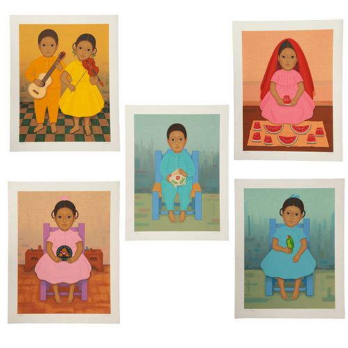 GUSTAVO MONTOYA, Niños mexicanos, 1985, Firmadas, Serigrafías, 60 x 45 cm imagen / 69 x 49 cm papel cada una, Piezas: 5