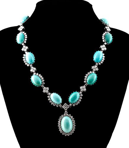 TURQUOISE, DIAMOND, AND 18K WHITE GOLD NECKLACE