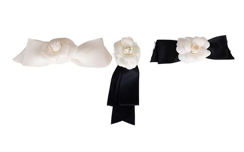 3PCS CHANEL WHITE & BLACK CAMELLIA RIBBON BOW PINS for sale at auction on  1st December