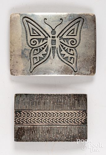 Two Native American Indian silver belt buckles