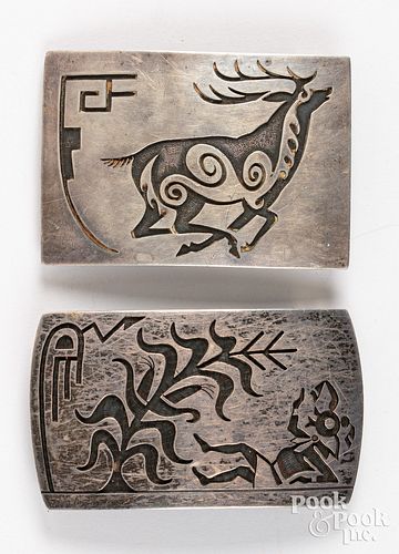 Two silver Lawrence Saufkie, Hopi Indian buckles