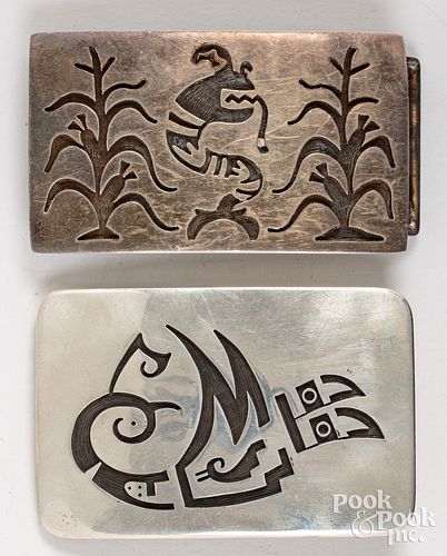Two silver Native American Indian belt buckles