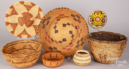 Six tribal baskets, beaded gourd bowl