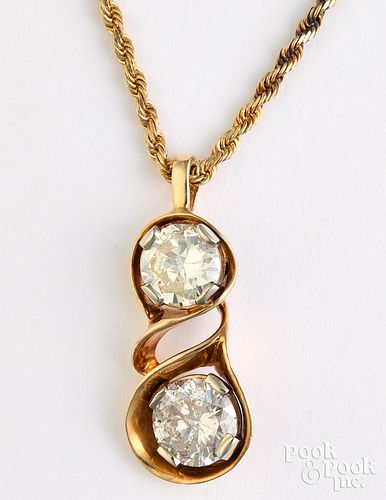 14K yellow gold necklace with two diamond pendant