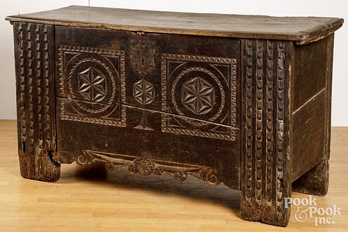 Continental carved oak coffer, 17th c.