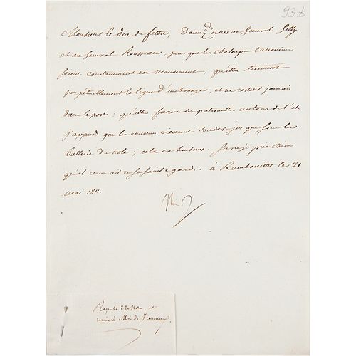 Napoleon Letter Signed to Minister of War on Gunboat Patrols