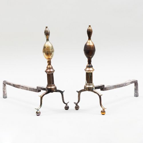 Pair of Federal Brass Double Lemon Top Andirons, New York
