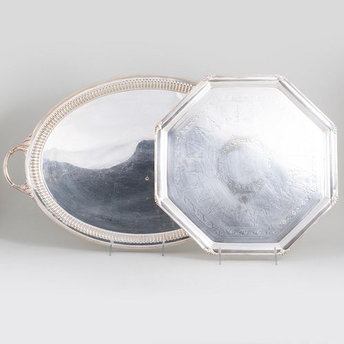 Octagonal Silver Plate Tray and an Oval Two Handle Tray