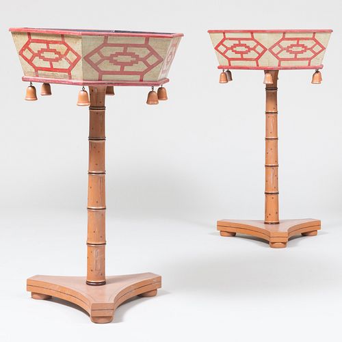 Pair of Regency Chinoiserie Style Painted Faux Bamboo Jardinières on Stands