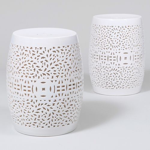 Pair of Chinese White Glazed Pierced Porcelain Garden Seat Lights
