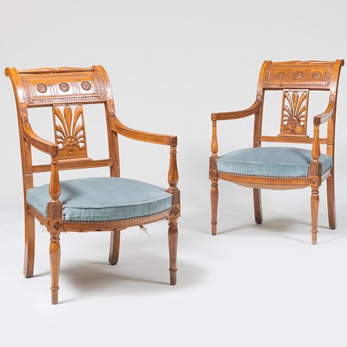 Pair of Directoire Style Carved Fruitwood Armchairs