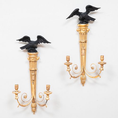Pair of Regency Style Gilt-Metal, Carved Giltwood and Ebonized Two-Light Sconces