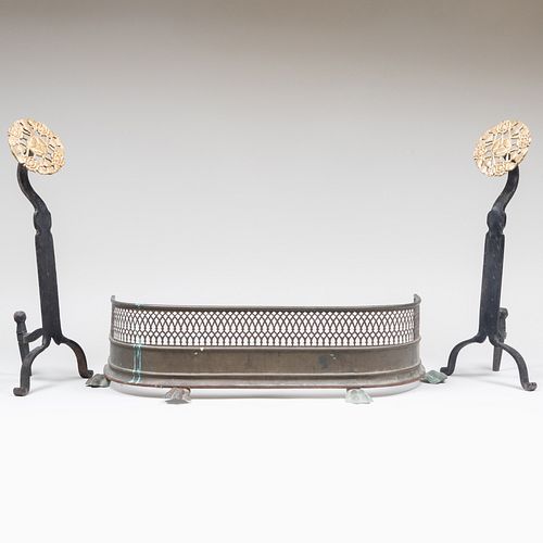 Pair of English Aesthetic Movement Wrought Iron and Gilt-Metal Andirons