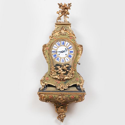 Louis XV Style Gilt-Bronze-Mounted Green and Polychrome-Painted Cartel Clock and Bracket
