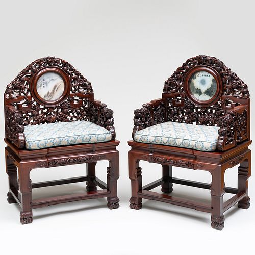 Pair of Chinese Carved Huanghuali and Marble Armchairs