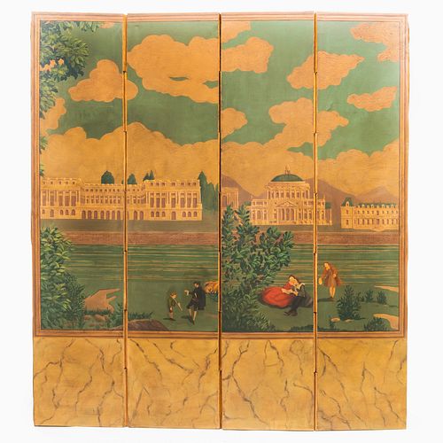 Continental Painted Canvas Eight Panel Screen 