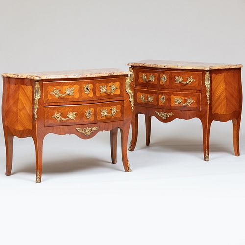Pair of Louis XV Style Gilt-Bronze-Mounted Tulipwood and Satine Commodes