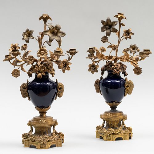 Pair of Napoleon III Gilt-Metal-Mounted Cobalt Porcelain Seven-Light Candelabra