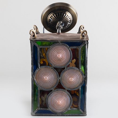 Victorian Leaded, Painted and Stained Glass Parcel-Gilt Metal Lantern