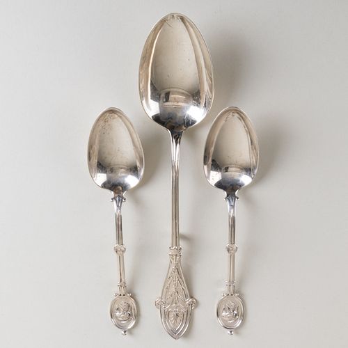 Tiffany & Co. Neoclassical Serving Spoon and a Pair of Ball Black & Co. Medallion Serving Spoons